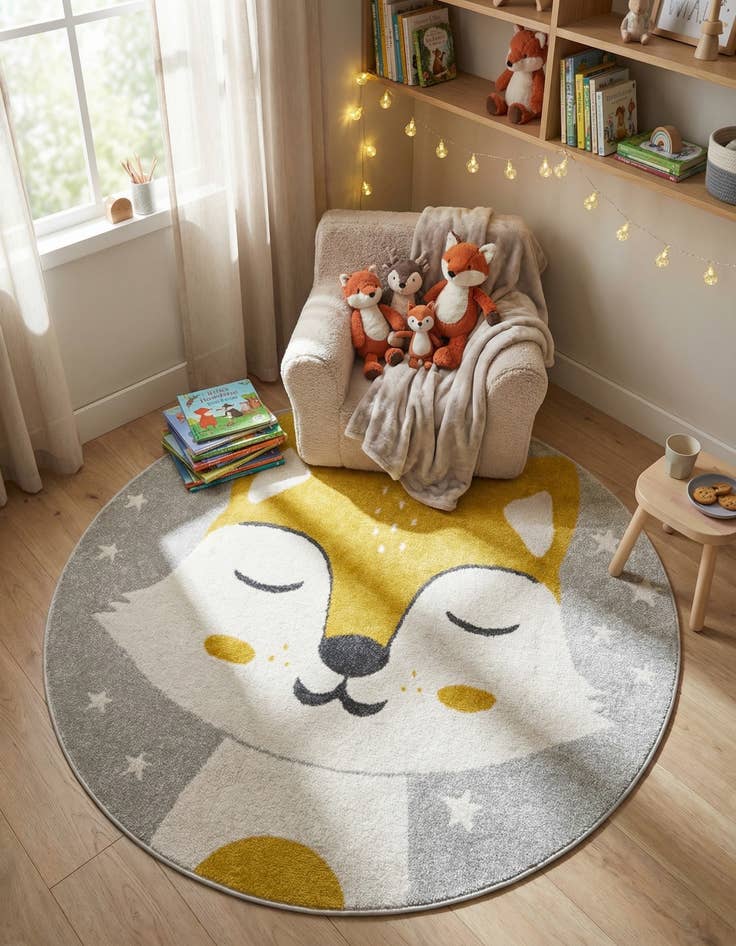 Detail image of 5' 3 x 5' 3 Fox Whimsy Kids Round Rug