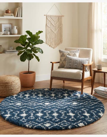 Navy Blue Moroccan Trellis Shag Round Rug