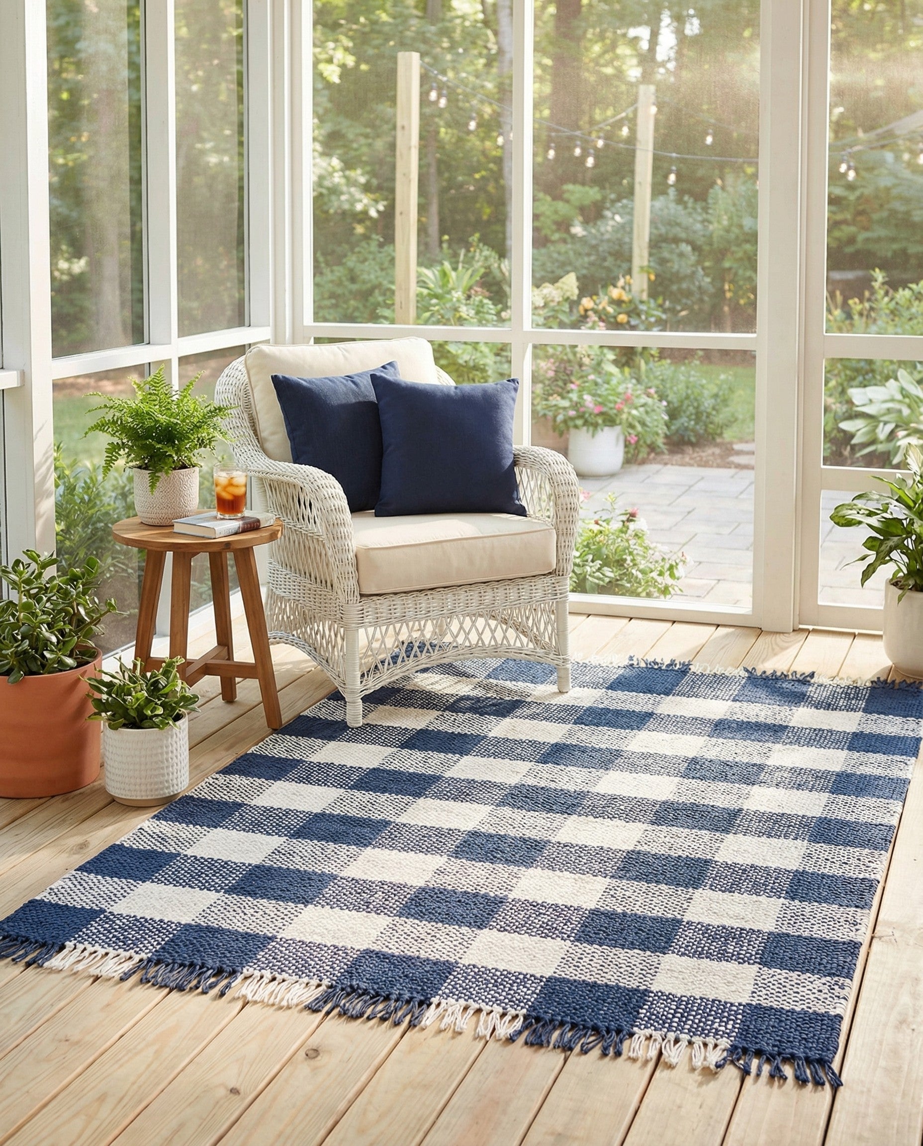 Navy Blue 4' x 6' Eco Plaid Washable Indoor / Outdoor Rug | Rugs.com