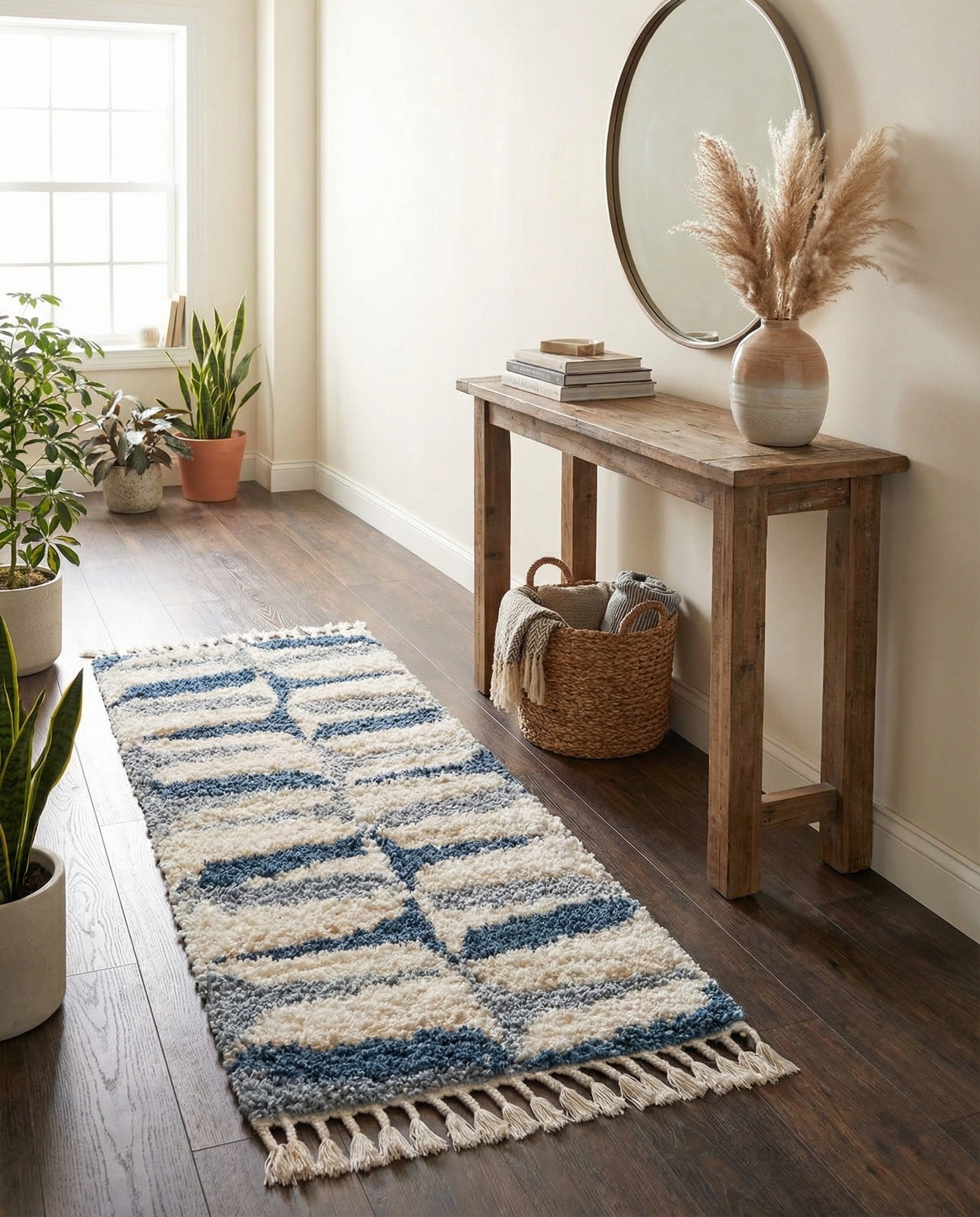 An 8 ft runner rug with a plush shag pile, featuring an abstract Scandinavian pattern in shades of blue, cream, and beige, with decorative tassels.