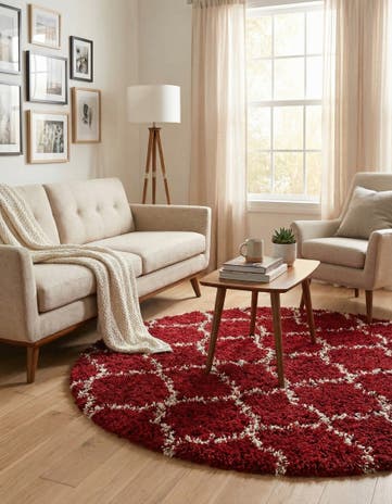 Burgundy Red Lattice Shag Round Rug