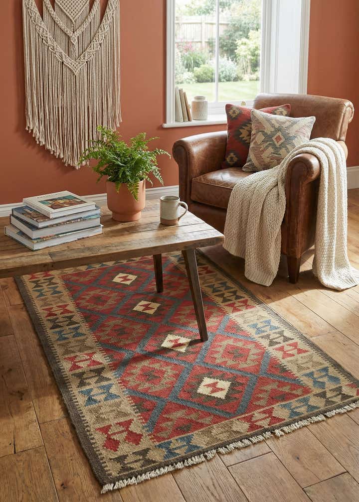 3' 4 x 4' 10 Hand Woven Kilim Maymana Wool Rug