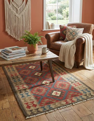 3' 4 x 4' 10 Hand Woven Kilim Maymana Wool Rug