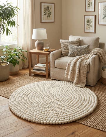 Ivory Felt Ball Wool Round Rug