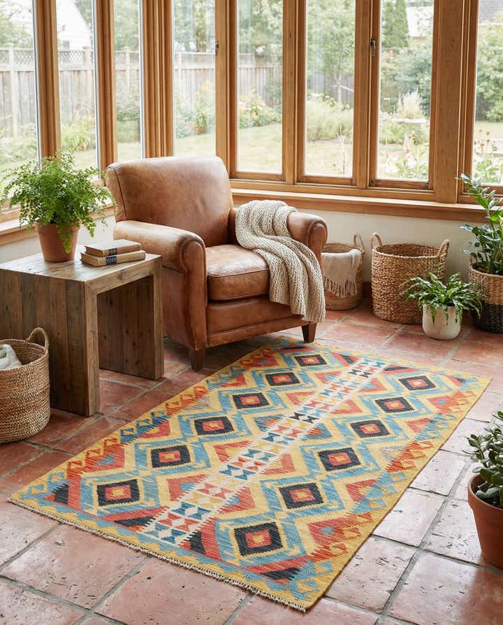3' 6 x 6' 3 Hand Woven Kilim Maymana Wool Rug