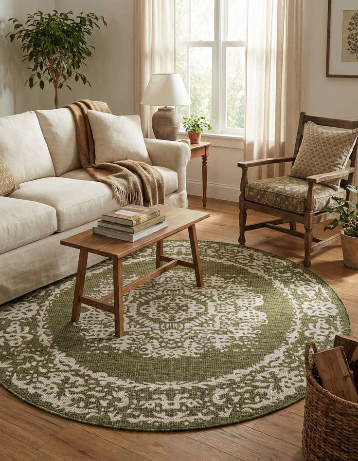 Detail image of 6' x 6' Easy-Clean Traditional Indoor / Outdoor Round Rug