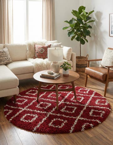 Burgundy Red Lattice Shag Round Rug