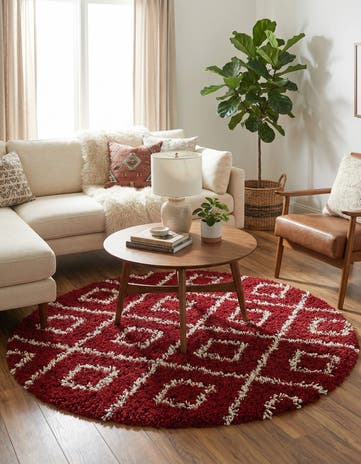 Burgundy Red Lattice Shag Round Rug