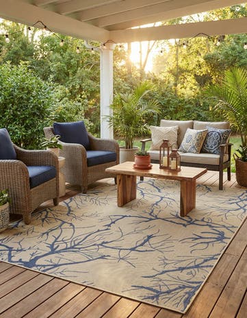 Beige and Blue Easy-Clean Botanical Indoor / Outdoor Rug
