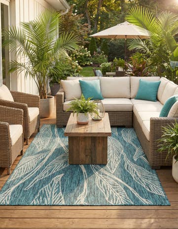 Teal Easy-Clean Botanical Indoor / Outdoor Rug