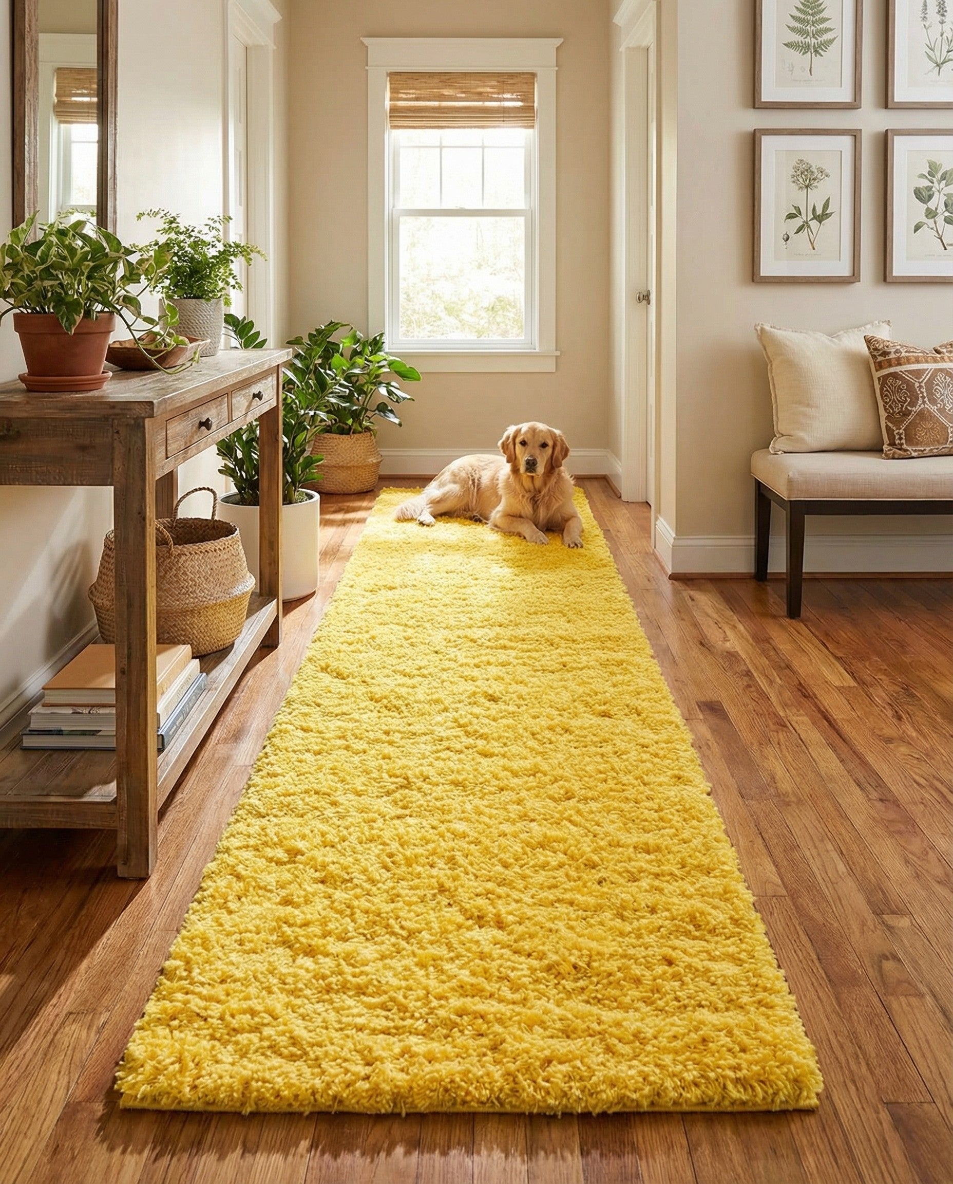 A vibrant yellow 13 ft runner rug with a plush shag pile, perfect for brightening a hallway.