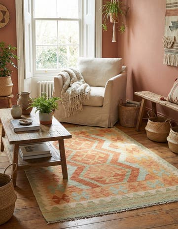 3' 2 x 4' 10 Hand Woven Kilim Waziri Wool Rug