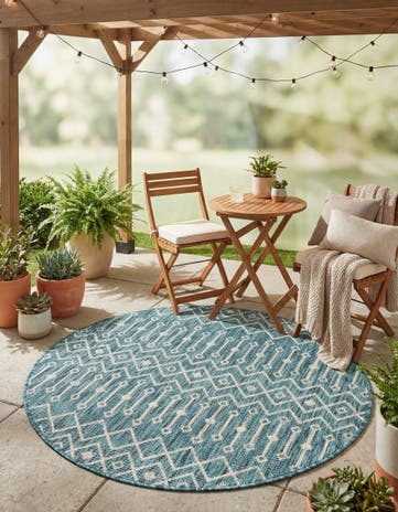 Teal Easy-Clean Lattice Indoor / Outdoor Round Rug
