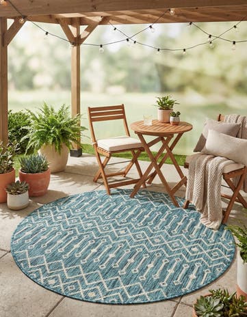 Teal Easy-Clean Lattice Indoor / Outdoor Round Rug