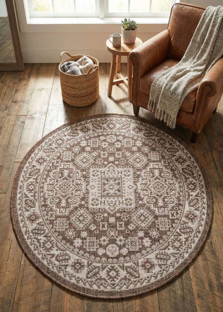 4' x 4' Easy-Clean Aztec Indoor / Outdoor Round Rug
