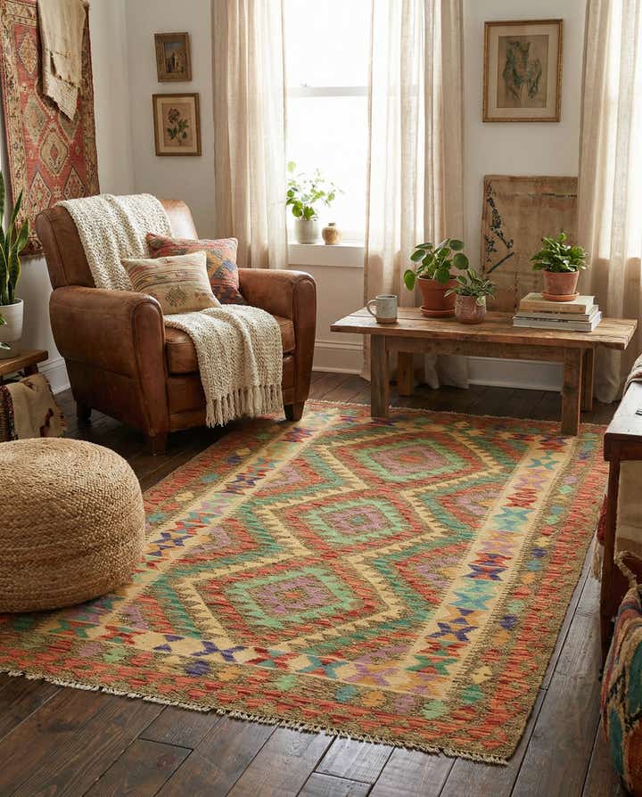 4' x 6' 4 Hand Woven Kilim Maymana Wool Rug