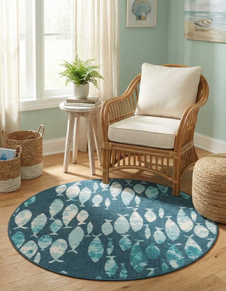Detail image of 4' x 4'  Washable Coastal Indoor / Outdoor Round Rug