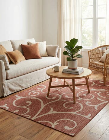 Rust Red Easy-Clean Botanical Indoor / Outdoor Rug