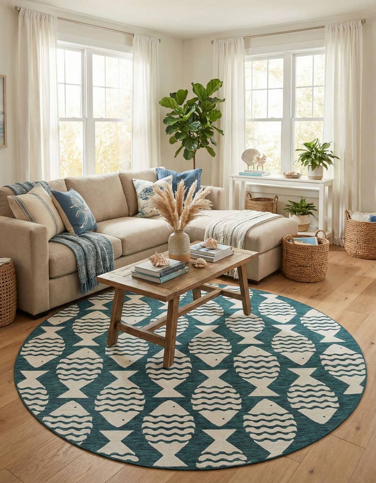 Detail image of 10' x 10'  Washable Coastal Indoor / Outdoor Round Rug