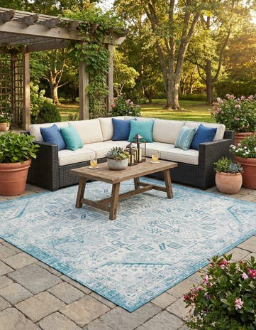 Teal Easy-Clean Aztec Indoor / Outdoor Square Rug