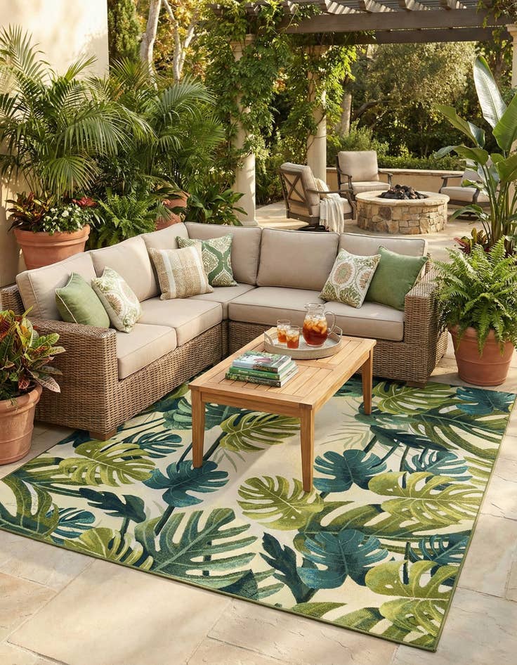 Detail image of 10' x 10'  Washable Botanical Indoor / Outdoor Square Rug