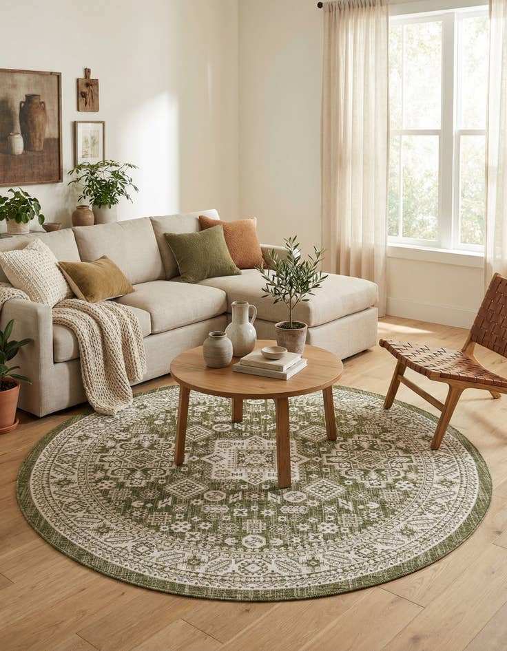 Detail image of 7' 10 x 7' 10  Washable Aztec Indoor / Outdoor Round Rug