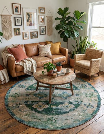 Green Washable El Paso Round Rug