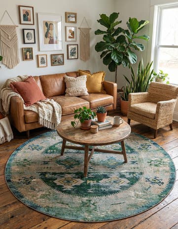 Green Washable El Paso Round Rug