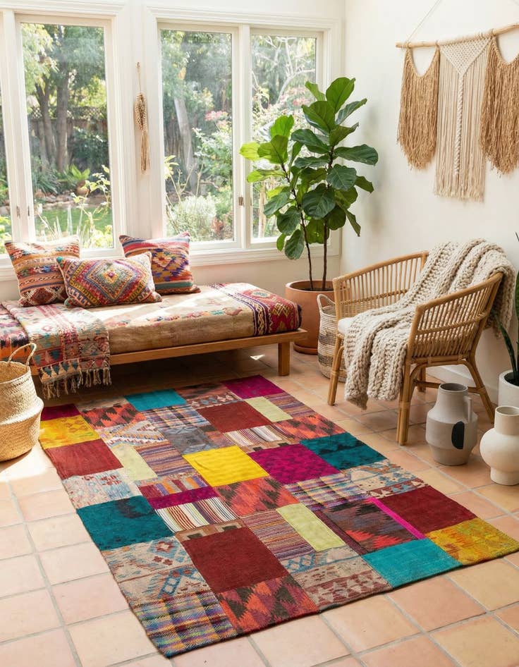 Detail image of  4' 5 x 7'  Hand Woven Kilim Patchwork Wool Rug