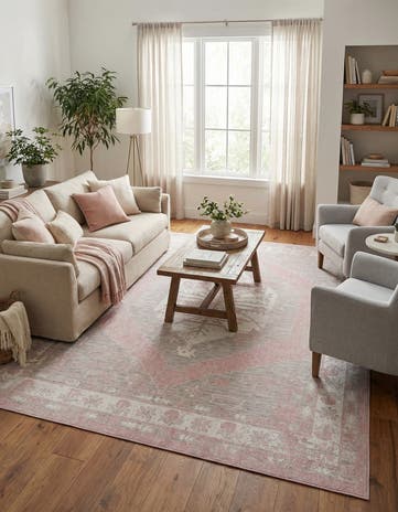 Pink Easy-Clean Traditional Indoor / Outdoor Rug