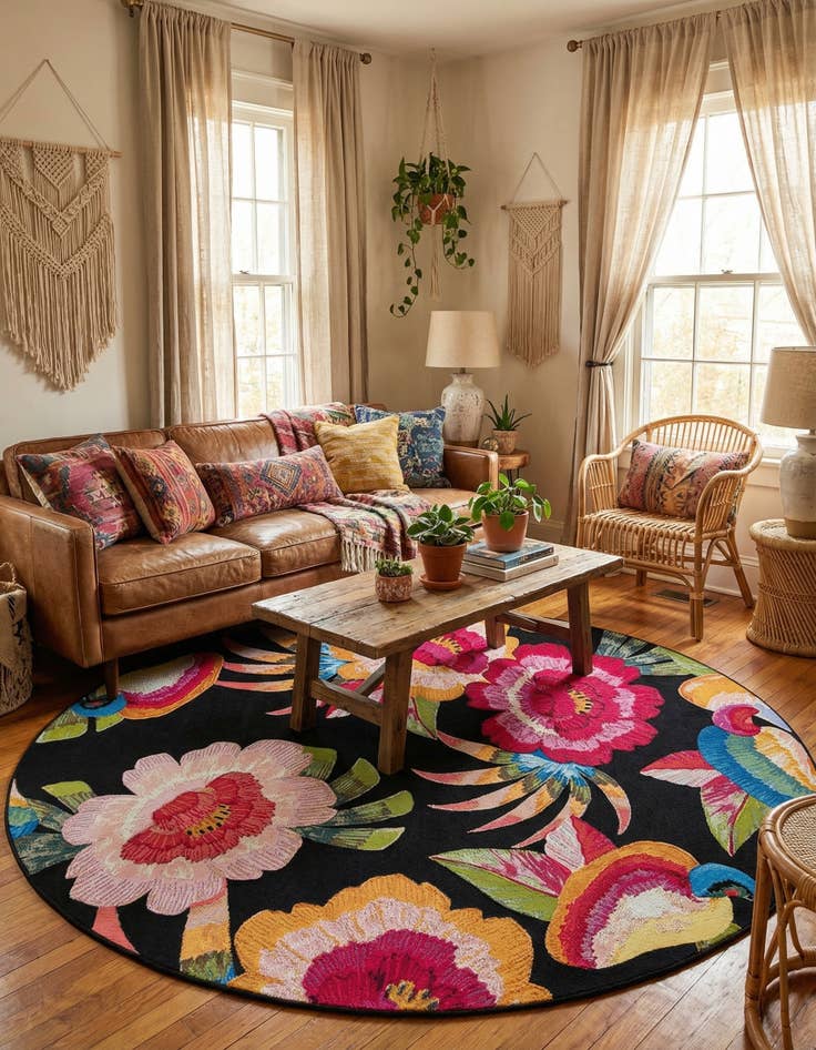 Detail image of  7' 10 x 7' 10  Washable Botanical Indoor / Outdoor Round Rug