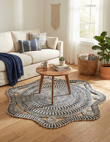 Navy and White Handmade Braided Jute Round Rug