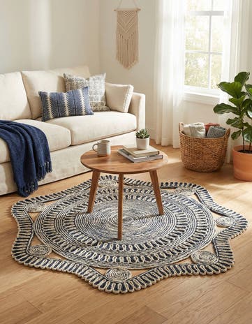 Navy and White Handmade Braided Jute Round Rug