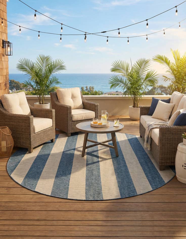 Detail image of 13' x 13'  Washable Striped Indoor / Outdoor Round Rug