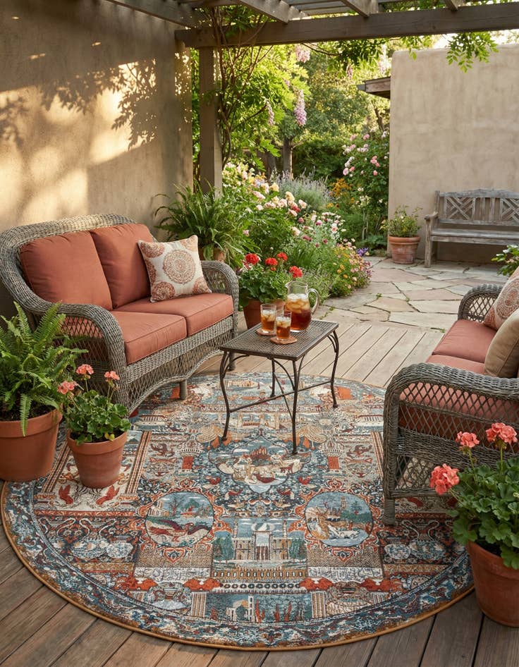 Detail image of 7' 10 x 7' 10 Easy-Clean Traditional Indoor / Outdoor Round Rug
