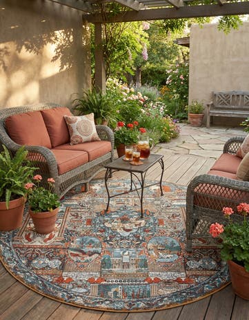 7' 10 x 7' 10 Easy-Clean Traditional Indoor / Outdoor Round Rug
