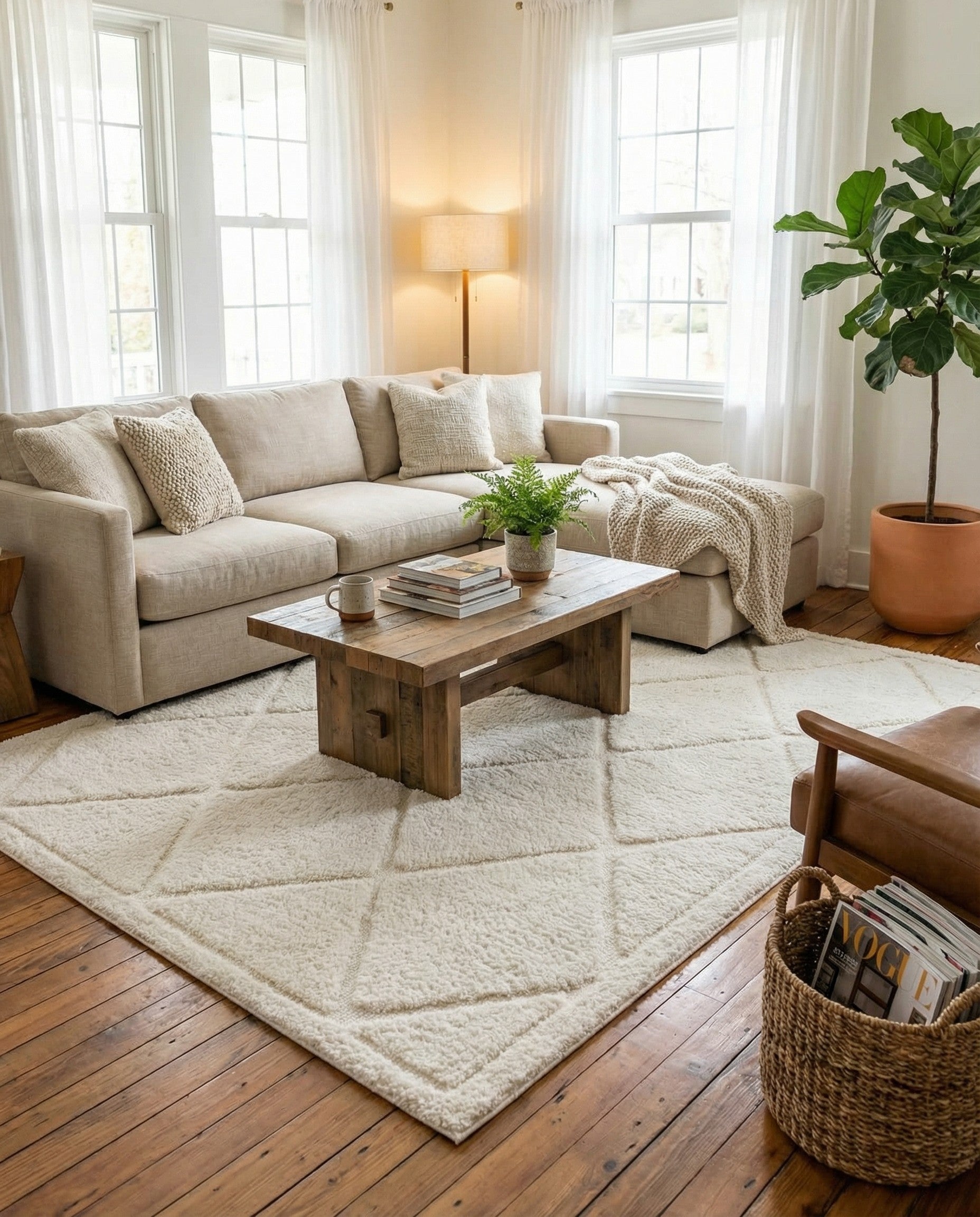 An 8x11 rectangular ivory shag rug with a subtle raised diamond lattice pattern, perfect for a modern living room.