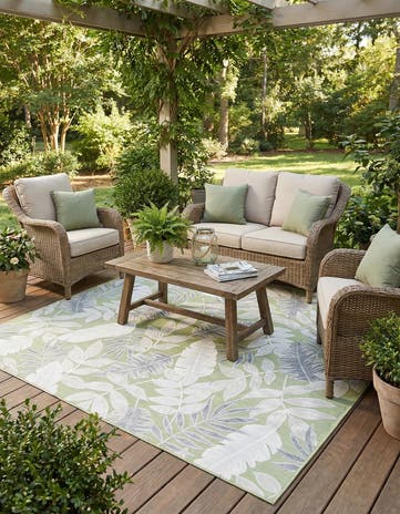 Green Easy-Clean Botanical Indoor / Outdoor Square Rug