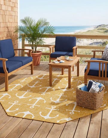 Yellow Easy-Clean Coastal Indoor / Outdoor Octagon Rug