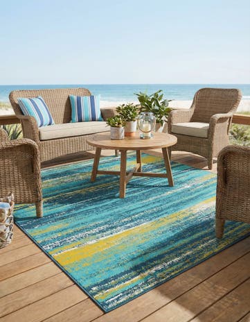 Multi.Blue Easy-Clean Coastal Indoor / Outdoor Square Rug