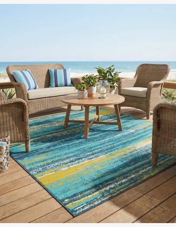 Multi.Blue Easy-Clean Coastal Indoor / Outdoor Square Rug