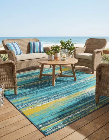 Multi.Blue Easy-Clean Coastal Indoor / Outdoor Square Rug