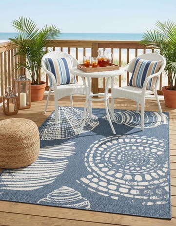 Navy Blue Easy-Clean Coastal Indoor / Outdoor Rug