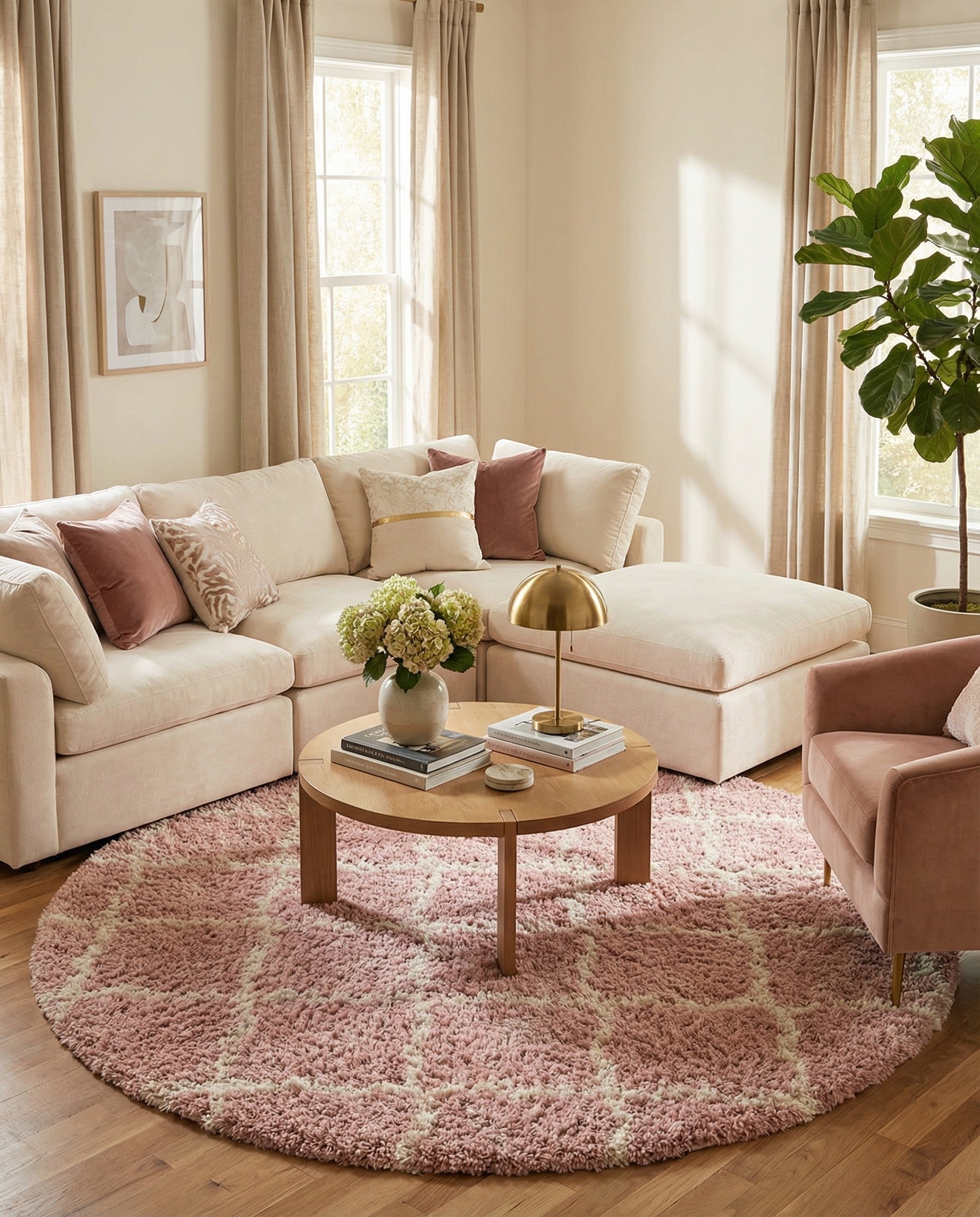 A 10' round pink shag rug with a subtle cream modern lattice pattern, ideal for a cozy indoor space.