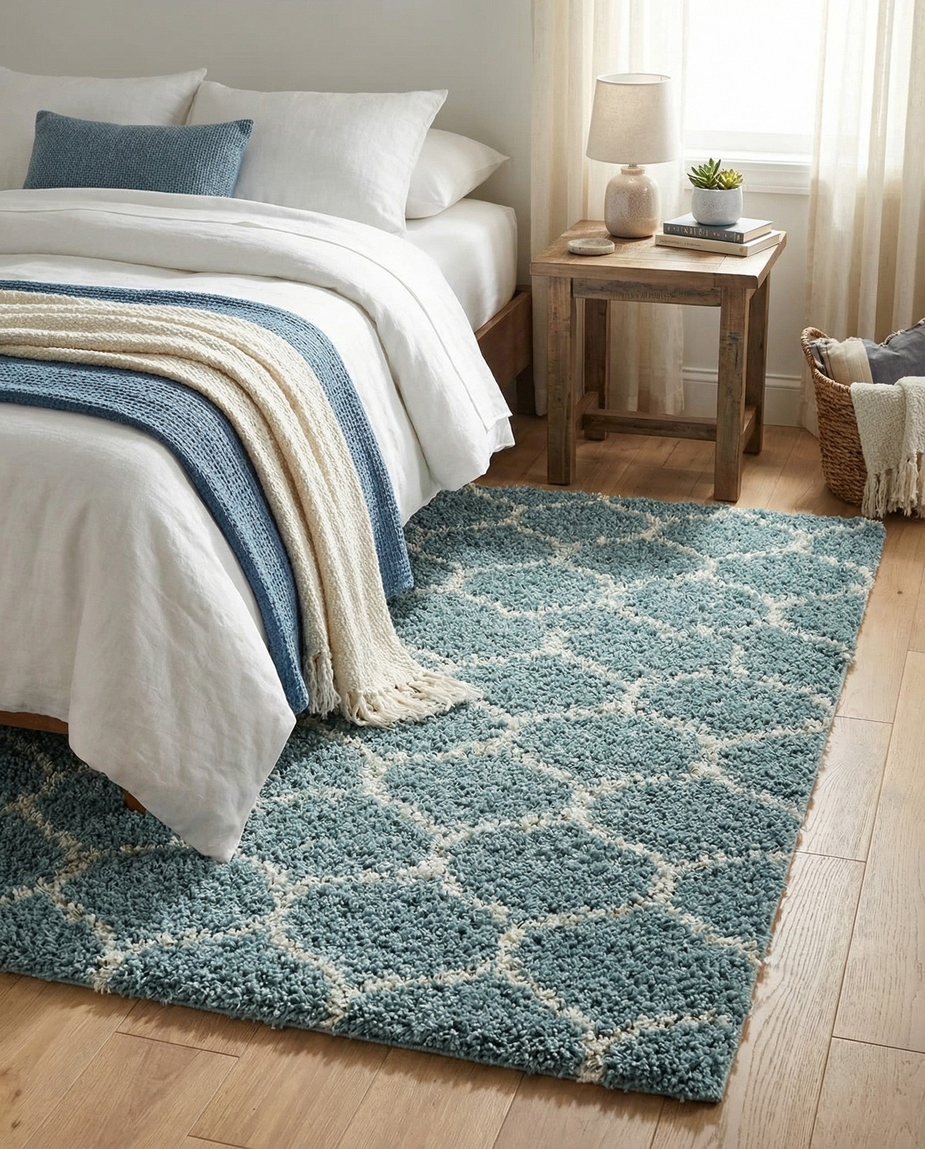A rectangular 2x3 light blue and white shag rug with a modern abstract pattern and textured high-low pile.