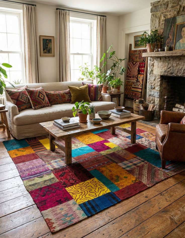 Detail image of  4' 3 x 5' 10  Hand Woven Kilim Patchwork Wool Rug