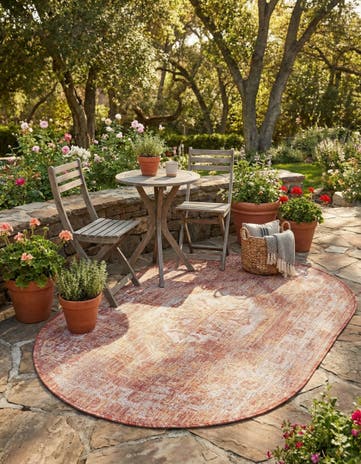 Rust Red Easy-Clean Traditional Indoor / Outdoor Oval Rug