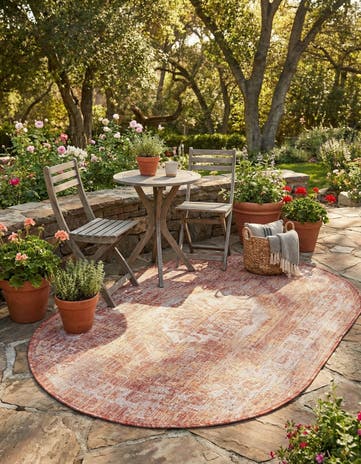 Rust Red Easy-Clean Traditional Indoor / Outdoor Oval Rug