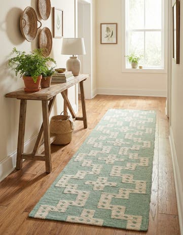 Teal and White Hand Woven Kilim Wool Runner Rug