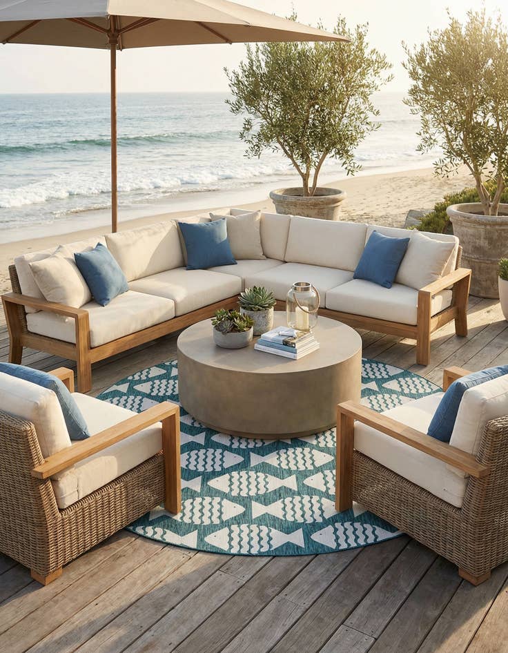Detail image of 13' x 13'  Washable Coastal Indoor / Outdoor Round Rug